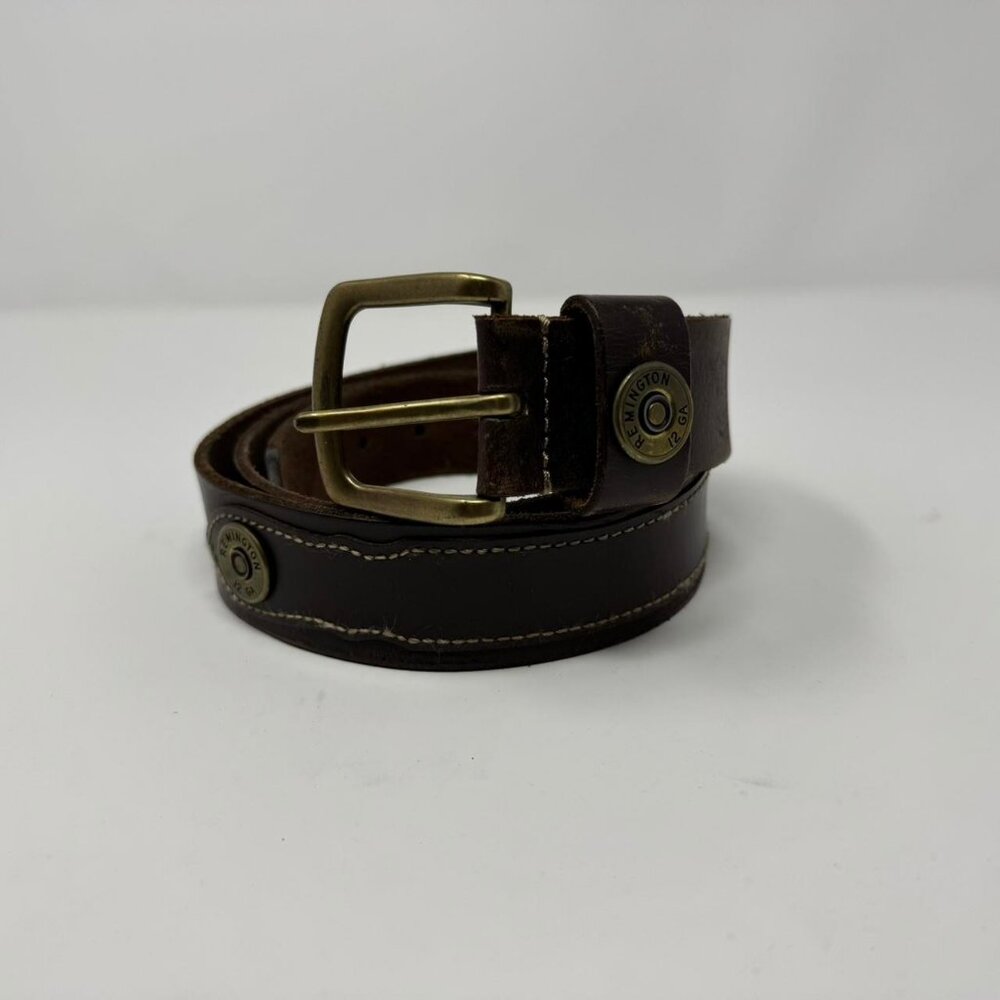 Remington 12 GA Shotgun Shell Dark Brown Leather Belt Brass Buckle Men’s‎ 42